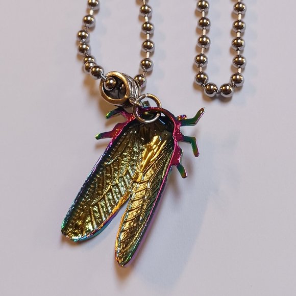 Handcrafted Rainbow Cicada Charm Necklace – Unisex 18" Ball Chain - Picture 7 of 10